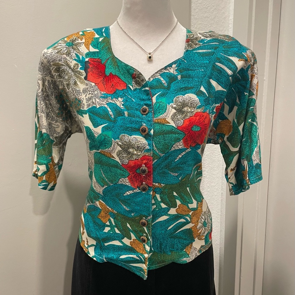 VTG 80s Chanelle Collection Multicolor Floral Short Sleeve Button-Down Blouse L